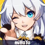  1girl ;d bang_(gesture) bangs blue_eyes chabatake close-up company_name finger_gun hair_between_eyes highres honkai_(series) honkai_impact_3rd index_finger_raised long_hair looking_at_viewer nun one_eye_closed open_mouth parody pointing pointing_at_viewer portrait side_ponytail smile solo teeth theresa_apocalypse theresa_apocalypse_(valkyrie_pledge) white_hair yellow_background 
