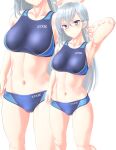  1girl abs absurdres bikini blue_bikini breasts brown_eyes clothes_writing competition_swimsuit covered_navel cowboy_shot glasses highres kitora_mirja long_hair medium_breasts multicolored multicolored_clothes multiple_views one-piece_swimsuit silver_hair simple_background sports_bikini standing swimsuit takafumi toji_no_miko white_background zoom_layer 