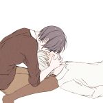  1boy 1girl bangs brown_legwear brown_skirt brown_sweater closed_eyes commentary_request forehead_kiss from_side grey_hair hair_over_eyes hands_on_another&#039;s_face hetero highres kaneki_ken kirishima_touka kiss long_sleeves lying on_back on_lap pale_skin pantyhose shiny shiny_hair shirt short_hair simple_background sitting skirt sweater tokyo_ghoul tokyo_ghoul:re toukaairab white_background 
