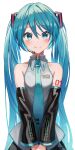  1girl aqua_eyes aqua_hair aqua_neckwear bib_(bibboss39) closed_mouth detached_sleeves eyebrows_visible_through_hair hair_between_eyes hatsune_miku headset highres long_hair looking_at_viewer necktie simple_background smile solo twintails vocaloid white_background 