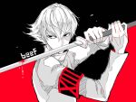  1boy awara_kayu bangs black_armband black_background blood blood_on_weapon commentary_request hair_between_eyes hands_up holding holding_sword holding_weapon katana long_sleeves male_focus red_armband red_background short_hair simple_background solo sword tamaki_mizurou tokyo_ghoul tokyo_ghoul:re upper_body weapon 