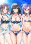  3girls absurdres ahoge armpits asakura_tooru ass_visible_through_thighs bangs bare_shoulders beach bikini black_bikini black_hair blue_bikini blue_eyes blue_hair blue_sky blush breasts brown_choker brown_eyes brown_hair checkered checkered_bikini choker cleavage closed_mouth cloud collarbone commentary_request cowboy_shot crossed_bangs day earrings embarrassed eyebrows_visible_through_hair finger_to_mouth flying_sweatdrops front-tie_bikini front-tie_top gradient_hair groin hair_between_eyes hairband half_updo hand_on_hip hand_on_own_chest hand_up heart highres idolmaster idolmaster_(classic) idolmaster_cinderella_girls idolmaster_shiny_colors jacket jewelry kisaragi_chihaya large_breasts light_rays long_hair looking_at_viewer looking_to_the_side mabanna midriff mismatched_bikini multicolored_hair multiple_girls navel nose_blush ocean off_shoulder outdoors parted_bangs parted_lips partially_unbuttoned sagisawa_fumika see-through short_hair sidelocks skindentation sky small_breasts smile standing sunbeam sunlight sweat swimsuit thigh_gap 