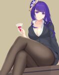  absurdres alcohol black_jacket black_legwear breasts bubblekong cleavage collarbone crossed_legs cup drinking_glass formal from_below genshin_impact hat highres holding holding_cup jacket long_hair looking_at_viewer low-cut mole mole_under_eye office_lady pantyhose pencil_skirt purple_eyes purple_hair raiden_shogun shirt skirt solo suit suit_jacket thighband_pantyhose white_shirt wine wine_glass 