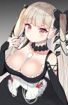  1girl azur_lane bare_shoulders between_breasts black_dress black_nails blonde_hair bow breasts collar detached_sleeves dress eyebrows_visible_through_hair formidable_(azur_lane) frilled_collar frilled_corset frilled_dress frills gradient gradient_background hair_bow hair_ornament hair_ribbon hand_up highres jewelry kawaiipony2 large_breasts necklace red_eyes ribbon solo twintails upper_body 