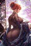  1girl ass azur_lane bodystocking bodysuit breasts china_dress chinese_clothes commentary covered_nipples dress from_behind hair_bun highres large_breasts looking_at_viewer mendou_kusai monarch_(azur_lane) monarch_(black_qipao)_(azur_lane) official_alternate_costume partially_undressed pipe plump robe robe_slip see-through solo symbol-only_commentary thong 