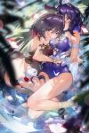  2girls absurdres antenna_hair blue_eyes blue_hair blue_swimsuit blurry blurry_foreground breasts bug butterfly cleavage dual_persona frilled_swimsuit frills full_body headband highres honkai_(series) honkai_impact_3rd looking_at_viewer multiple_girls nail_polish nigoolas one-piece_swimsuit purple_nails red_butterfly red_eyes red_hair red_swimsuit sandals seele_(alter_ego) seele_vollerei seele_vollerei_(stygian_nymph) short_sleeves summer swimsuit water wet wet_clothes wet_swimsuit 