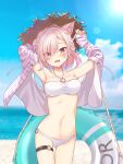  1girl animal_ear_fluff animal_ears armpits artist_request bare_shoulders beach bikini braid cat_ears cat_tail crown_braid day drawstring eyes_visible_through_hair halter_top halterneck hat highres innertube jacket mitsurugi_lia navel o-ring o-ring_bikini o-ring_bottom o-ring_top ocean pink_eyes pink_hair short_hair smile solo straw_hat striped striped_jacket swimsuit tail thigh_strap wactor_production white_bikini 