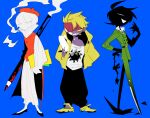  3boys ^_^ absurdres ahoge apios1 arm_behind_back baggy_pants bangs belt beret black_footwear black_hair black_nails black_pants black_skin blonde_hair blue_background bob_cut buttons cape cigarette closed_eyes coat collared_shirt colored_pencils_(paper_mario) colored_sclera colored_skin commentary_request constricted_pupils earrings frilled_shirt frilled_shirt_collar frilled_sleeves frills full_body green_coat green_pants half-closed_eyes hand_up happy hat headband high_collar highres holding holding_paper holding_pencil hole_punch_(paper_mario) hood hoodie jacket jewelry long_sleeves looking_at_viewer looking_to_the_side male_focus mario_(series) mouth_hold multiple_boys nail_polish one_eye_covered open_clothes open_jacket open_mouth oversized_object pants paper paper_chain paper_mario paper_mario:_the_origami_king pencil personification purple_skin red_cape red_eyes red_headband red_headwear red_vest sandals scissors_(paper_mario) sharp_teeth shirt shoes short_hair simple_background sketch smile smoke smoking standing stud_earrings teeth vest white_pants white_shirt yellow_eyes yellow_footwear yellow_hoodie yellow_jacket yellow_sclera 
