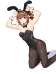  1girl ahoge animal_ears armpits arms_up bangs black_legwear black_leotard black_neckwear black_scrunchie bow bowtie breasts brown_hair closed_mouth detached_collar drill_hair dutch_angle eyebrows_visible_through_hair fake_animal_ears frown hair_ornament hair_scrunchie idolmaster idolmaster_million_live! kamille_(vcx68) kneeling leotard looking_at_viewer medium_breasts medium_hair no_shoes pantyhose playboy_bunny purple_eyes rabbit_ears scrunchie shadow side_drill side_ponytail sidelocks simple_background solo strapless strapless_leotard white_background wing_collar wrist_cuffs yokoyama_nao 
