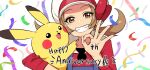  0_0box 1girl anniversary blue_overalls blush bow brown_eyes brown_hair cabbie_hat gen_1_pokemon hat looking_at_viewer lyra_(pokemon) ok_sign pikachu pokemon pokemon_(creature) pokemon_(game) pokemon_hgss red_bow red_shirt shirt smile teeth twintails white_headwear 