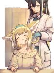  2girls animal_ear_fluff animal_ears arknights ascot black_hair black_neckwear blonde_hair blue_hairband braid brown_eyes brown_shirt collarbone collared_shirt commentary driftingtiger english_commentary folinic_(arknights) fox_ears frilled_shirt frills hair_rings hairband highres jacket multiple_girls off_shoulder open_clothes open_jacket shirt suzuran_(arknights) upper_body white_jacket white_shirt 