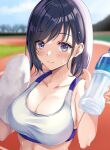  1girl black_hair blue_eyes blue_sky bottle breasts cleavage closed_mouth cloud collarbone commentary_request copyright_request eyebrows_visible_through_hair harimoji holding holding_bottle holding_towel large_breasts looking_at_viewer outdoors short_hair sky smile solo sports_bra sweat towel upper_body water_bottle 