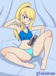  1girl barefoot blonde_hair blue_eyes blue_panties breasts cleavage closed_mouth collarbone commentary crop_top eyebrows_visible_through_hair full_body gun hand_up highres holding holding_gun holding_weapon long_hair looking_at_viewer md5_mismatch metroid mole mole_under_eye navel panties ponytail samus_aran self_upload smile solo teliodraw twitter_username underwear weapon 