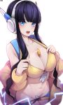  1girl bangs between_breasts black_hair blue_eyes blue_shorts blunt_bangs blush breasts cleavage clothes_pull coat collarbone crop_top ddangbi electricity elesa_(pokemon) fur_coat groin headphones highres large_breasts long_hair low_twintails navel off_shoulder open_mouth pants pants_pull pokemon pokemon_(game) pokemon_bw shirt_pull shorts simple_background sleeveless solo stomach twintails two-tone_shorts upper_teeth white_background yellow_coat yellow_crop_top yellow_shorts 