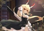  1girl absurdres anniversary arm_up armpits ayanami_(azur_lane) ayanami_(nightfall_raiment)_(azur_lane) azur_lane bangs bare_shoulders black_bow black_dress blonde_hair bow breasts closed_mouth commentary_request detached_sleeves dress ebichiri_sunday eyebrows_visible_through_hair hair_between_eyes hair_ornament hairclip headgear high_ponytail highres holding holding_sword holding_weapon indoors long_hair medium_breasts official_alternate_costume ponytail red_eyes reverse_grip solo sword very_long_hair weapon white_sleeves 