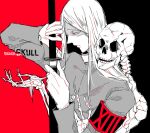  1boy abara_hanbee arm_up awara_kayu bangs black_armband black_background commentary_request english_text from_side hand_up holding holding_sword holding_weapon katana long_hair long_sleeves male_focus red_armband red_background simple_background skeleton skull solo sword tokyo_ghoul tokyo_ghoul:re weapon 