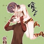  2girls ^^^ animal_print arm_grab bangs bare_shoulders black_shirt blush_stickers breasts brown_jacket character_request cleavage collarbone collared_shirt commentary_request cosplay green_background grey_hair hair_over_one_eye hands_up highres jacket kaneki_ken kirishima_touka looking_at_another looking_down lum lum_(cosplay) medium_breasts multiple_girls open_clothes open_jacket outline shirt short_hair short_ponytail simple_background sweat tiger_print tokyo_ghoul tokyo_ghoul:re toukaairab translation_request urusei_yatsura white_outline 