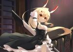  1girl absurdres arm_up armpits ayanami_(azur_lane) ayanami_(nightfall_raiment)_(azur_lane) azur_lane bangs bare_shoulders black_bow black_dress blonde_hair bow breasts closed_mouth detached_sleeves dress ebichiri_sunday eyebrows_visible_through_hair hair_between_eyes hair_ornament hairclip headgear high_ponytail highres holding holding_sword holding_weapon indoors long_hair medium_breasts official_alternate_costume ponytail red_eyes smile solo sword very_long_hair weapon white_sleeves 