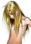  1boy alphonse_elric androgynous armpit_crease arms_at_sides blonde_hair closed_mouth expressionless eyes_visible_through_hair fullmetal_alchemist hair_behind_ear hair_over_eyes head_down long_hair looking_at_viewer male_focus messy_hair navel noako nude pectorals ribs shiny shiny_hair simple_background skinny stomach straight_hair upper_body very_long_hair white_background yellow_eyes 