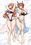  2girls armpits ass_visible_through_thighs barefoot bikini black_bikini blue_bikini blush breasts brown_hair cleavage collarbone crossover flower girls&#039;_frontline green_eyes hair_flower hair_ornament headgear heart_lock_(kantai_collection) highres huge_breasts jai_(whany1998) jewelry kantai_collection long_hair looking_at_viewer multiple_girls mutsu_(kancolle) navel on_bed open_mouth ring sarong second-party_source short_hair springfield_(girls&#039;_frontline) swimsuit toes wedding_band 