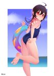  1girl adjusting_clothes adjusting_swimsuit ahoge alternate_costume ass asymmetrical_wings bangs barefoot black_hair blue_sky blue_swimsuit blue_wings blurry blurry_background blush border breasts closed_mouth cloud commission feet food food_print foot_out_of_frame hair_between_eyes highres houjuu_nue innertube leg_up long_hair looking_at_viewer looking_back mini_wings ocean one-piece_swimsuit outside_border recare red_eyes red_wings signature sky small_breasts soles solo swimsuit tempura touhou water white_border wings 