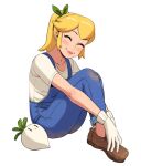  1girl awawawaart blonde_hair blush_stickers brown_footwear closed_eyes dirty dirty_clothes mario_(series) md5_mismatch overalls pink_lips ponytail princess_peach resolution_mismatch shirt sidelocks smile source_larger turnip white_shirt 