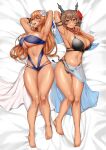  2girls armpits ass_visible_through_thighs bikini black_bikini blue_bikini blush breasts brown_hair cleavage collarbone crossover flower girls&#039;_frontline green_eyes hair_flower hair_ornament headgear heart_lock_(kantai_collection) highres huge_breasts jai_(whany1998) jewelry kantai_collection long_hair looking_at_viewer multiple_girls mutsu_(kancolle) navel on_bed open_mouth ring sarong second-party_source short_hair springfield_(girls&#039;_frontline) swimsuit tan wedding_band 