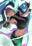  1girl black_footwear black_hair black_shorts boots cephalopod_eyes colored_skin commentary crop_top dark-skinned_female dark_skin fingerless_gloves gloves gradient_hair green_eyes green_hair green_legwear headphones highres legwear_under_shorts light long_hair looking_at_viewer marina_(splatoon) mole mole_under_mouth multicolored_hair navel_piercing open_mouth pantyhose piercing pink_pupils shinako shirt short_shorts shorts sleeveless sleeveless_shirt smile solo splatoon_(series) splatoon_2 standing suction_cups tentacle_hair unzipped zipper zipper_pull_tab 