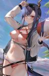  arknights bikini breasts ch&#039;en_(arknights) garter horns nipples open_shirt panty_pull pussy ru_zhai swimsuits tail thong uncensored 