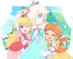  3girls :d :o aqua_dress aqua_eyes arm_grab bangs bare_shoulders blonde_hair blue_eyes blush brooch cellphone closed_eyes collarbone crown day dress earrings elbow_gloves flipped_hair gloves hair_over_one_eye jewelry leaning_forward lips long_hair looking_at_another mario_(series) mini_crown multiple_girls off_shoulder omochi_(glassheart_0u0) one_eye_closed open_mouth outstretched_arm petals phone princess princess_daisy princess_peach puffy_sleeves rosalina sky smartphone smile star_(symbol) star_earrings tree v white_curtains white_gloves yellow_dress 