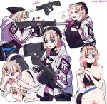  1girl aa-12 aa-12_(girls&#039;_frontline) ahoge aiming bags_under_eyes bandaid bandaid_on_forehead bandaid_on_pussy bandaids_on_nipples bangs_pinned_back black_legwear blonde_hair blood blue_eyes breasts bruise candy chocolate chocolate_bar cleavage cleavage_cutout closed_eyes closed_mouth clothing_cutout food girls&#039;_frontline grey_jacket gun highres holding holding_candy holding_food holding_gun holding_lollipop holding_weapon hood hood_down hooded_jacket huqu injury jacket licking licking_floor lollipop long_sleeves looking_at_viewer medium_breasts multiple_views open_clothes open_jacket parted_lips pasties pixiv_id shotgun standing thighhighs torn_clothes weapon white_background 