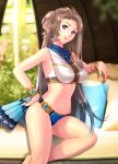  1girl armlet bracelet brown_hair earrings eiyuu_densetsu esther hand_fan hand_on_hip jewelry long_hair mole mole_under_eye pillow purple_eyes sen_no_kiseki sen_no_kiseki_ii sen_no_kiseki_iii sen_no_kiseki_iv side_ponytail sitting solo swimsuit vita_clotilde 