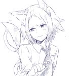  1boy animal_ears blush cat_boy cat_ears cat_tail cheren_(pokemon) closed_mouth collared_shirt commentary_request male_focus misha_(ohds101) monochrome necktie paw_pose pokemon pokemon_(game) pokemon_bw2 purple_theme shirt simple_background solo sweatdrop tail upper_body white_background 