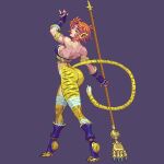  1girl animal_ears ass bandaged_arm bandaged_leg bandages blue_gloves breath_of_fire breath_of_fire_ii cat_ears cat_tail facial_mark fingerless_gloves gloves no_pants omegachaino orange_hair pixel_art purple_background rinpoo_chuan short_hair simple_background source_request staff tail weapon 