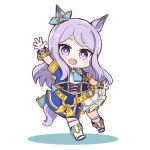  1girl :d animal_ears arm_up blue_jacket blue_ribbon blush boots chibi colored_shadow commentary_request cropped_jacket ear_ribbon full_body glorious_azure_costume_(umamusume) gloves hitomiz horse_ears horse_girl horse_tail jacket kneehighs long_hair mejiro_mcqueen_(umamusume) o-ring open_clothes open_jacket pleated_skirt purple_eyes purple_hair ribbon shadow shirt short_eyebrows short_sleeves skirt smile solo tail thick_eyebrows umamusume very_long_hair white_background white_footwear white_gloves white_legwear white_shirt white_skirt 