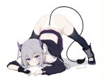  ass blush boots demon gloves gray_hair horns linez long_hair original panties parody pointed_ears polychromatic purple_eyes signed skirt skirt_lift spread_legs tail thighhighs third-party_edit twintails underwear white 