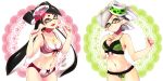  +_+ 2girls ass_visible_through_thighs bangs black_hair bow bow_bra bow_panties bra breasts brown_eyes callie_(splatoon) cleavage closed_eyes commentary_request cousins doily earrings fangs food food_on_head green_bra green_panties grey_hair groin hand_on_own_chest heart heart_earrings highres jewelry lace-trimmed_bra lace-trimmed_panties lace_trim lingerie long_hair looking_at_viewer marie_(splatoon) medium_hair multiple_girls navel necklace nomu object_on_head open_mouth panties pointy_ears purple_bra purple_panties short_hair smile splatoon_(series) standing striped swept_bangs underwear underwear_only vertical-striped_bra vertical-striped_panties vertical_stripes very_long_hair w w_arms white_background 