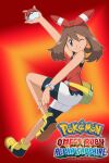  1girl ;) arm_up bangs bike_shorts bike_shorts_under_shorts bow_hairband bracelet brown_hair closed_mouth commentary copyright_name english_commentary fanny_pack full_body hairband highres holding holding_poke_ball jewelry may_(pokemon) noelia_ponce one_eye_closed poke_ball poke_ball_(basic) pokemon pokemon_(game) pokemon_oras red_hairband red_shirt shirt shoes shorts sleeveless sleeveless_shirt smile solo white_shorts yellow_bag yellow_footwear 