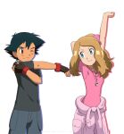  1boy 1girl arm_behind_head arm_up ash_ketchum bangs black_shirt blue_eyes brown_eyes brown_gloves closed_mouth clothes_around_waist commentary english_commentary eye_contact eyelashes fingerless_gloves gloves light_brown_hair looking_at_another noelia_ponce one_eye_closed pants pink_shirt pokemon pokemon_(anime) pokemon_xy_(anime) serena_(pokemon) shirt short_hair short_sleeves smile stretch t-shirt whistle whistle_around_neck 