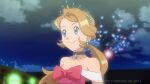  1girl blue_eyes blue_ribbon bow choker closed_mouth cloud collarbone commentary dress earrings english_commentary eyelashes hair_ribbon jewelry light light_brown_hair long_hair night noelia_ponce off-shoulder_dress off_shoulder older outdoors pokemon pokemon_(anime) pokemon_xy_(anime) ponytail red_bow ribbon serena_(pokemon) sky smile solo watermark 