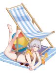  1girl absurdres ball bangs barefoot beach_chair beach_mat beachball bikini black_bikini blue_eyes braid clover_aoko cup drinking_glass drinking_straw eyewear_removed food fruit full_body hair_between_eyes headband highres honkai_(series) honkai_impact_3rd kiana_kaslana legs_up looking_at_viewer lying on_stomach orange_(fruit) orange_juice orange_slice simple_background soles solo sunglasses swimsuit twin_braids white_background white_hair 