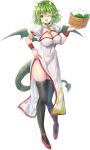 1girl alternate_costume alternate_eye_color black_legwear blush breasts china_dress chinese_clothes cleavage cleavage_cutout clothing_cutout covered_navel draco_centauros dragon_girl dragon_horns dragon_tail dragon_wings dress eyebrows_visible_through_hair fang green_eyes green_hair highres horns large_breasts looking_at_viewer one_eye_closed open_mouth pointy_ears puyopuyo red_footwear short_hair short_sleeves smile solo tail thighhighs white_dress wings yui_(msy1302mana) 