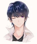  1boy asora_(1261100) bangs black_shirt closed_mouth highres jacket jewelry looking_at_viewer male_focus marius_von_hagen_(tears_of_themis) necklace one_eye_closed purple_eyes purple_hair shirt short_hair simple_background smile solo tears_of_themis white_background white_jacket 