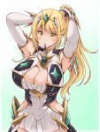  1girl absurdres bangs bare_legs bare_shoulders blonde_hair breasts chest_jewel cleavage cleavage_cutout clothing_cutout dress earrings elbow_gloves gloves highres jewelry kurokaze_no_sora large_breasts long_hair mythra_(xenoblade) ponytail short_dress solo swept_bangs thigh_strap tiara very_long_hair white_dress white_gloves xenoblade_chronicles_(series) xenoblade_chronicles_2 yellow_eyes 