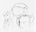  2boys alphonse_elric arakawa_hiromu armor arms_at_sides back-to-back bangs child closed_mouth collared_shirt commentary cropped_torso dress_shirt dual_persona english_commentary facing_viewer fullmetal_alchemist grey_background greyscale happy head_tilt helmet male_focus monochrome multiple_boys official_art open_clothes open_shirt shirt shoulder_spikes sideways_glance simple_background size_difference smile spiked_helmet spikes swept_bangs tareme undershirt 