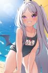  1girl ahoge all_fours bangs beach black_swimsuit black_wings blue_archive blue_sky cloud commentary_request day eyebrows_visible_through_hair grey_hair grin hair_ornament hairclip highres hina_(blue_archive) long_hair looking_at_viewer low_wings name_tag one-piece_swimsuit one_side_up outdoors parted_bangs purple_eyes rindou_ringdong sand school_swimsuit sky smile solo swimsuit very_long_hair water wet whistle whistle_around_neck wings 