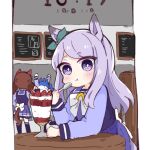  :t ahoge animal_ears arms_up blue_hair blush brown_hair chair closed_mouth commentary eating food fruit hitomiz holding holding_spoon horse_ears horse_girl horse_tail long_hair long_sleeves looking_at_viewer mejiro_mcqueen_(umamusume) nice_nature_(umamusume) on_chair parfait phone_screen pleated_skirt purple_eyes purple_hair purple_legwear purple_shirt purple_skirt school_uniform shirt short_eyebrows sitting skirt spoon standing strawberry table tail thick_eyebrows thighhighs tracen_school_uniform twin_turbo_(umamusume) twintails umamusume very_long_hair 