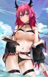  arknights bikini breasts cameltoe garter horns nipples open_shirt panty_pull pussy ru_zhai surtr_(arknights) swimsuits thong uncensored wet 
