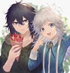  2boys :d absurdres black_hair blue_eyes blue_shirt blurry blurry_background brooch brothers coat crepe dated day eating food fur_trim hair_between_eyes highres huge_filesize iwakiyamayukisatoshironanogojuurokushi_akira iwakiyamayukisatoshironanogojuurokushi_yui jewelry kemono_jihen long_hair multiple_boys open_mouth outdoors selfie shirt siblings smile suspenders upper_body v white_hair yct_(yoct_o) 
