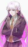  1girl alternate_breast_size bangs black_gloves black_jacket black_ribbon black_skirt braid brown_neckwear collared_shirt colored_inner_hair commentary_request crossed_arms danganronpa:_trigger_happy_havoc danganronpa_(series) eyebrows_visible_through_hair gloves grey_shirt hair_ribbon highres jacket kirigiri_kyouko long_hair looking_at_viewer looking_to_the_side multicolored_hair necktie pleated_skirt purple_eyes purple_hair purple_skirt ribbon shirt single_braid skirt solo tanu0706 white_background 